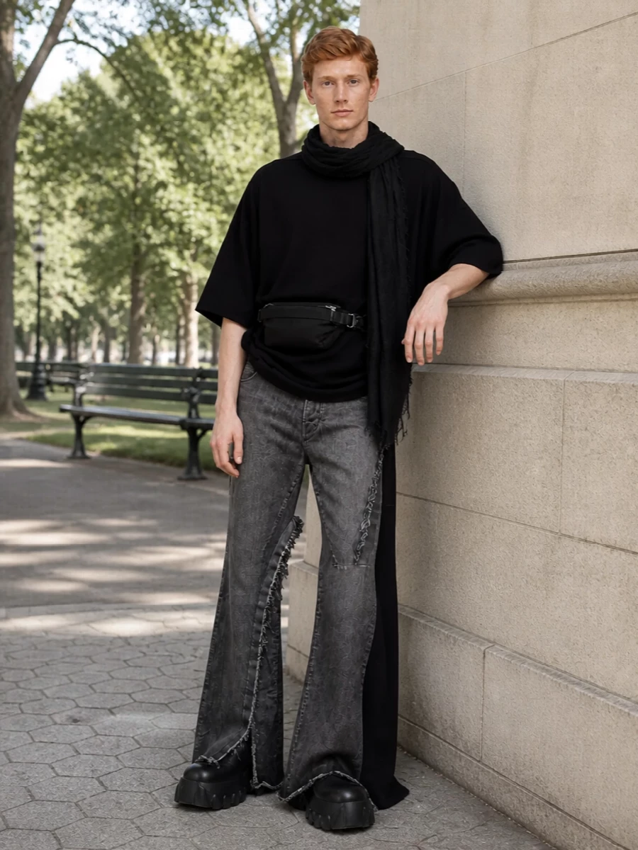Rick owens flared jeans oversized black tee boots