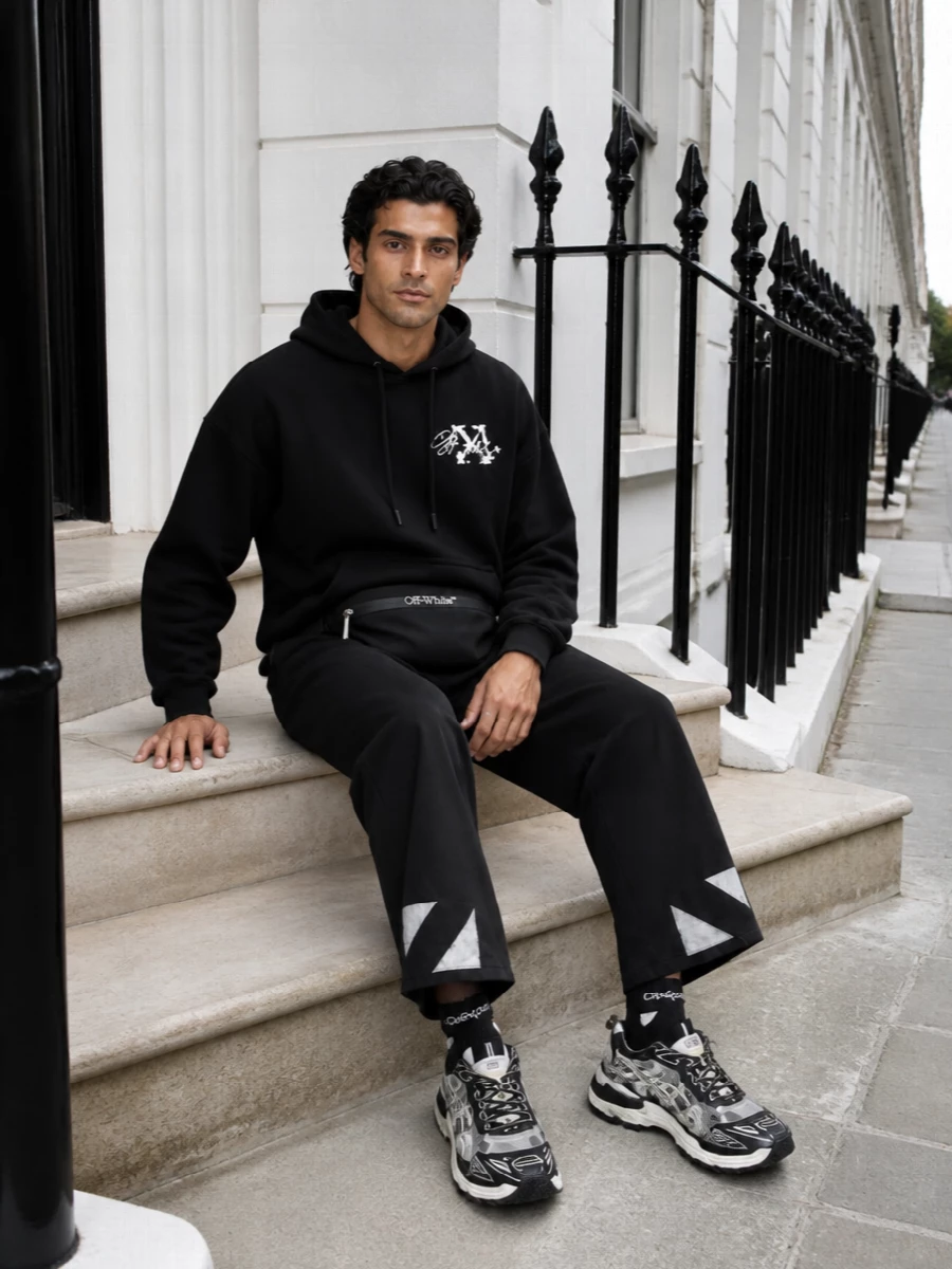 Off white black hoodie track pants streetwear outfit