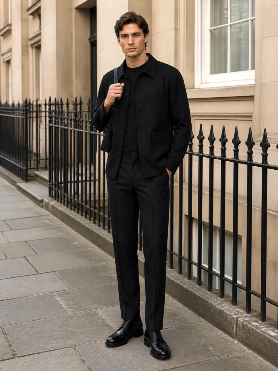 Dries van noten black shirt jacket derby outfit