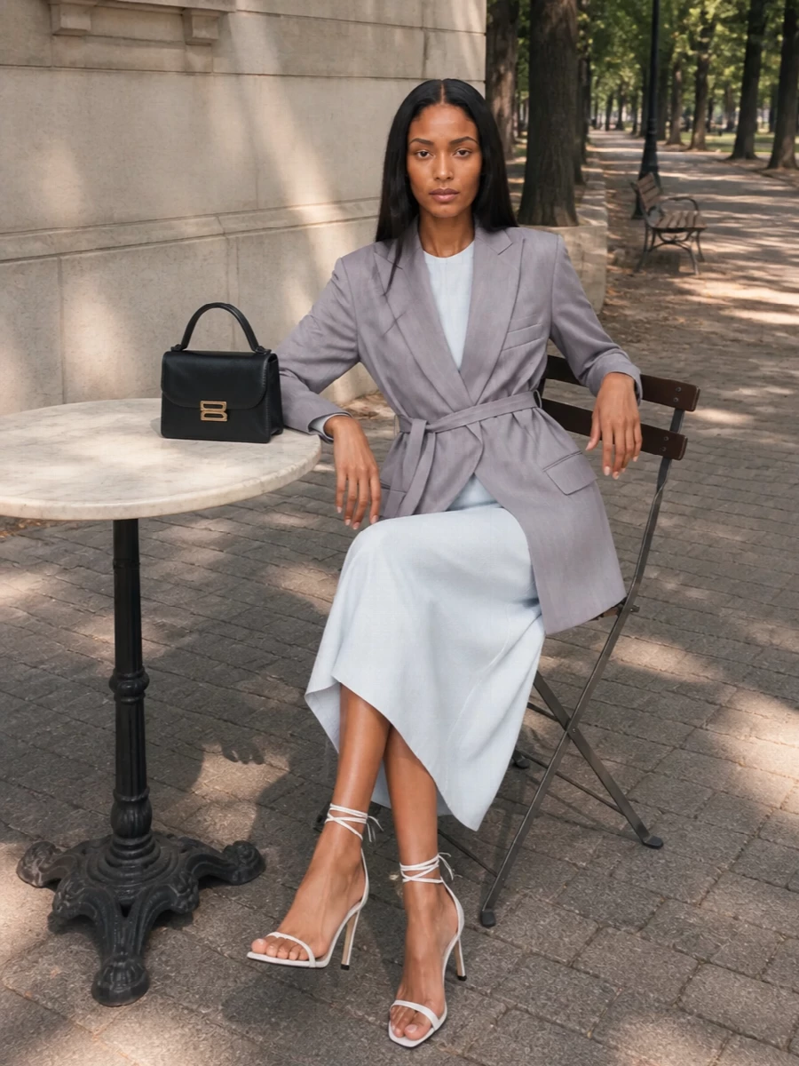 Victoria beckham belted blazer ice blue midi dress