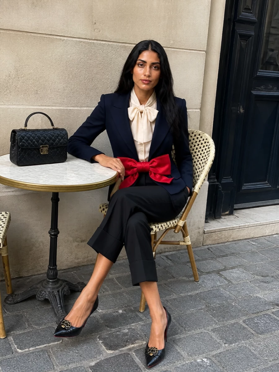 This look builds a modern cocktail uniform around the navy Valentino bow blazer, grounding its sculptural red bow with an ivory bow-neck blouse and impeccably cut black cropped trousers. Black-and-gold accessories echo the jacket’s drama without shouting, keeping the silhouette elongated, romantic and razor-sharp for SS evening events. I chose the top-and-trouser route over a dress so the blazer can function as the focal tailoring piece rather than competing with another statement anchor.