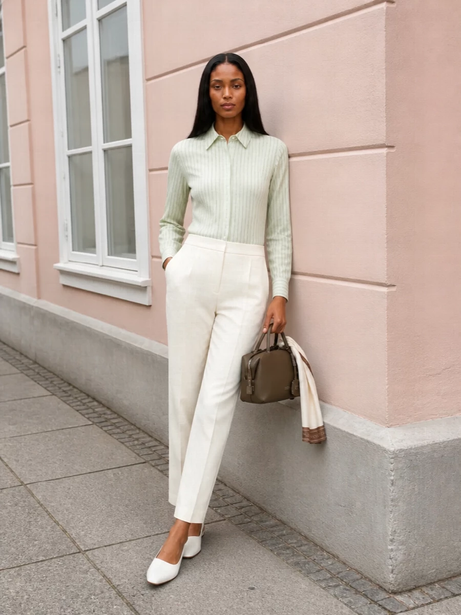 Pale mint stripes meet clean ivory tailoring for a spring office outfit that feels calm, sharp and intentionally understated. The precise straight leg and low, architectural flat keep the proportions long and modern, while taupe leather and a whisper of matching scarf detail finish the palette without drawing attention from the shirt.