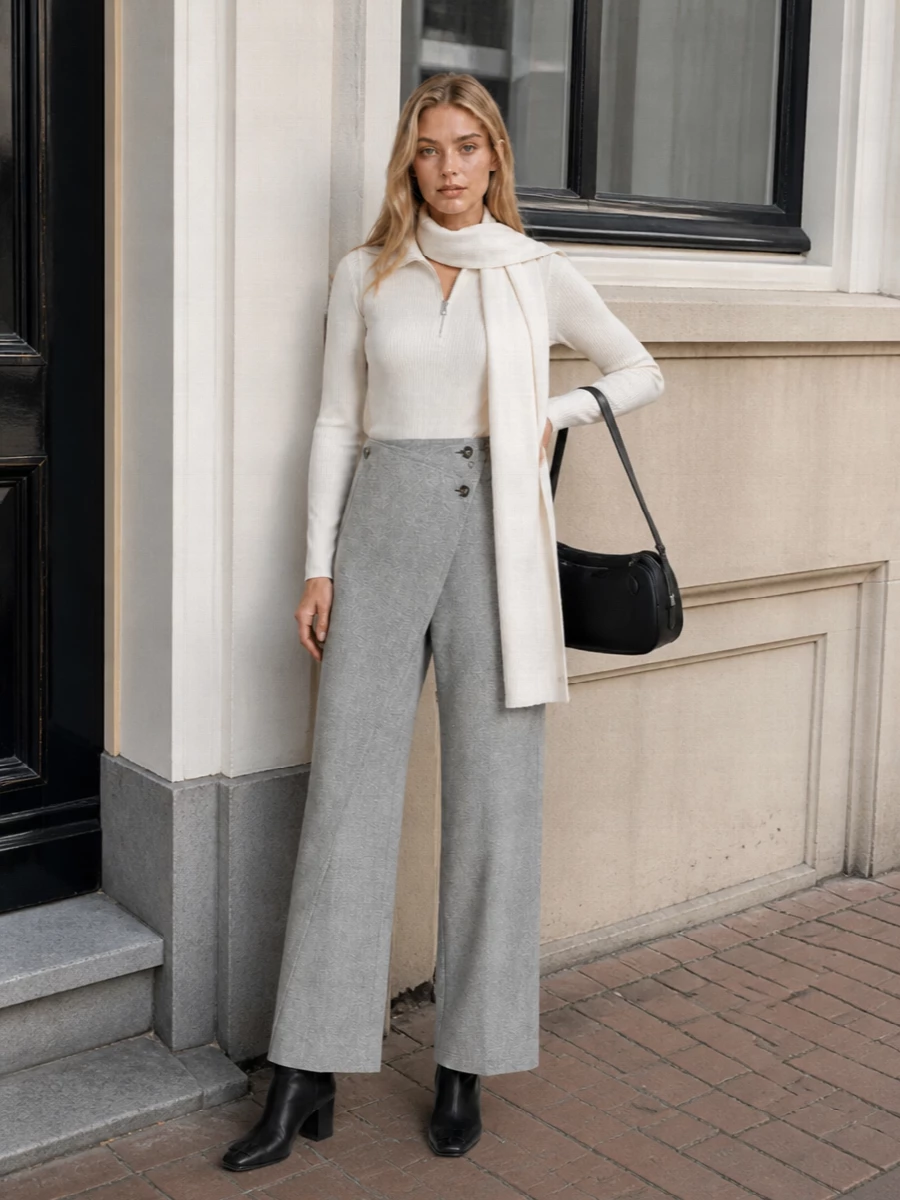 Courreges ivory half zip grey wide leg trousers