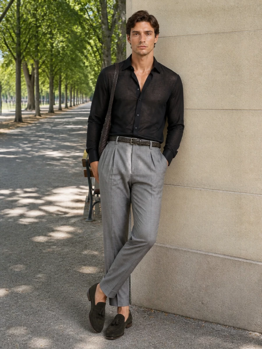 Brunello cucinelli sheer shirt grey trousers
