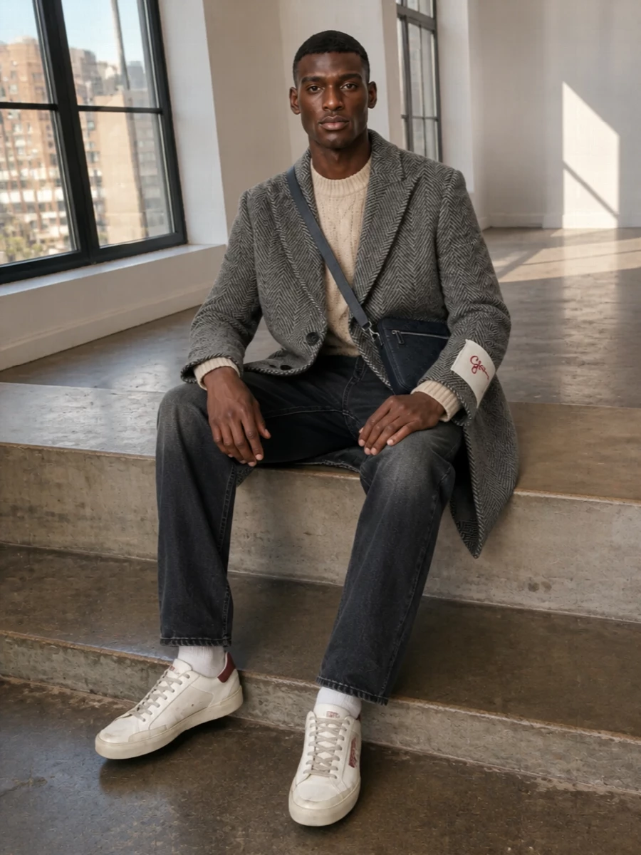 Golden goose herringbone coat jeans sneakers