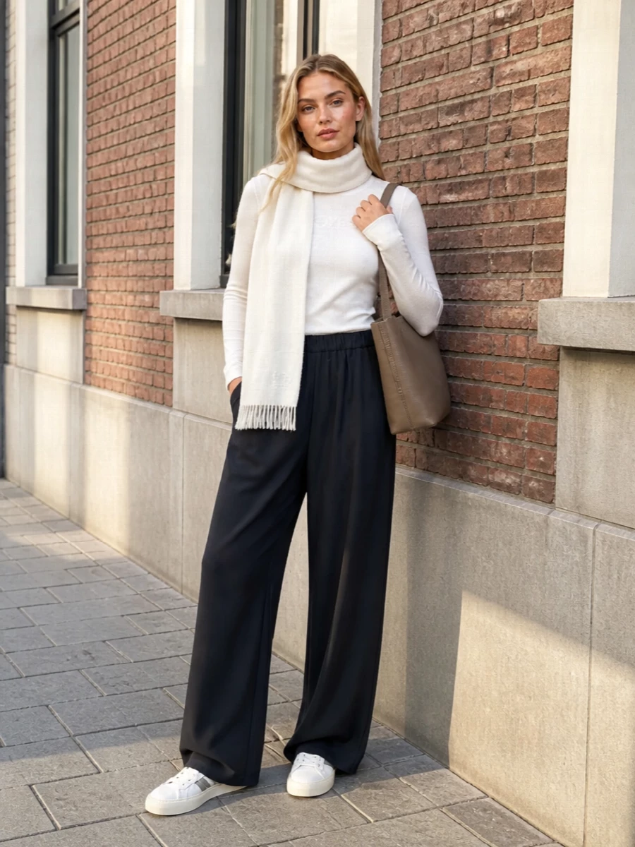 Max mara white sweater wide leg trousers outfit