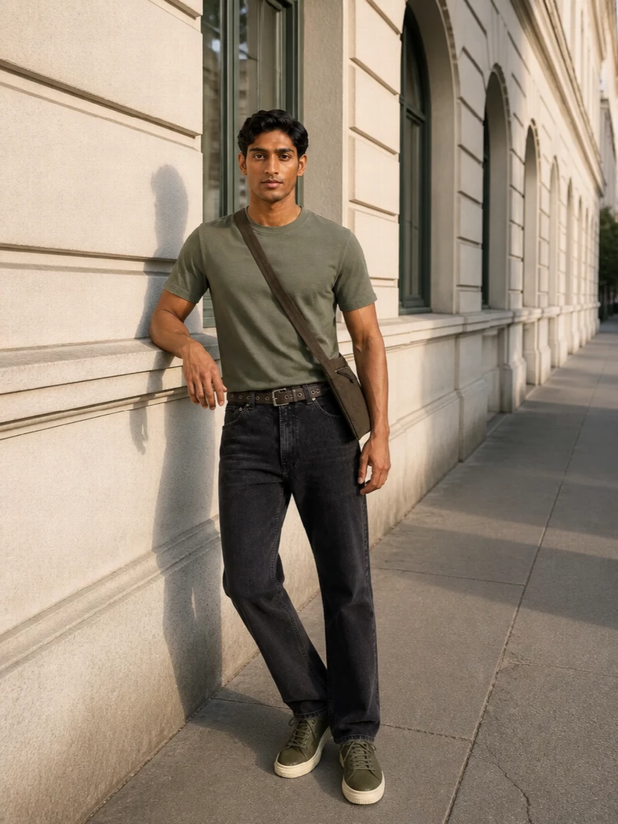 Our legacy olive tee black jeans sneakers