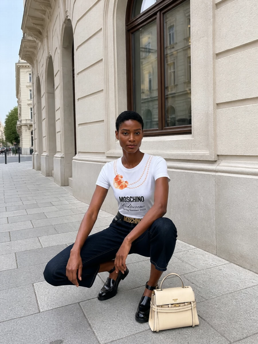 A witty Moschino tee meets dark indigo cropped denim for a clean, graphic take on daytime city dressing. Black logo-accented loafers and a buttercream top-handle bag tie into the tee’s print, while a slim logo belt quietly sharpens the waist. The result is playful but neat, ideal for brunch, gallery visits or coffee runs that drift into early evening.