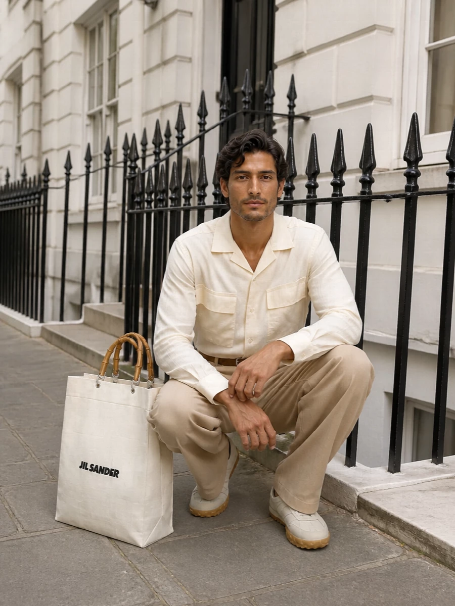 Jil sander beige cargo trousers cream shirt