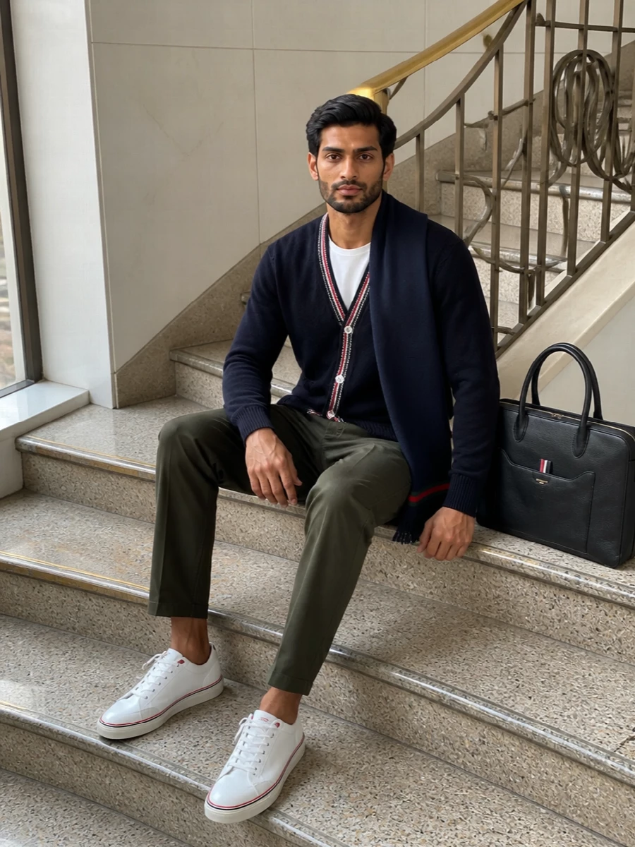 Thom browne cardigan olive trousers white sneakers