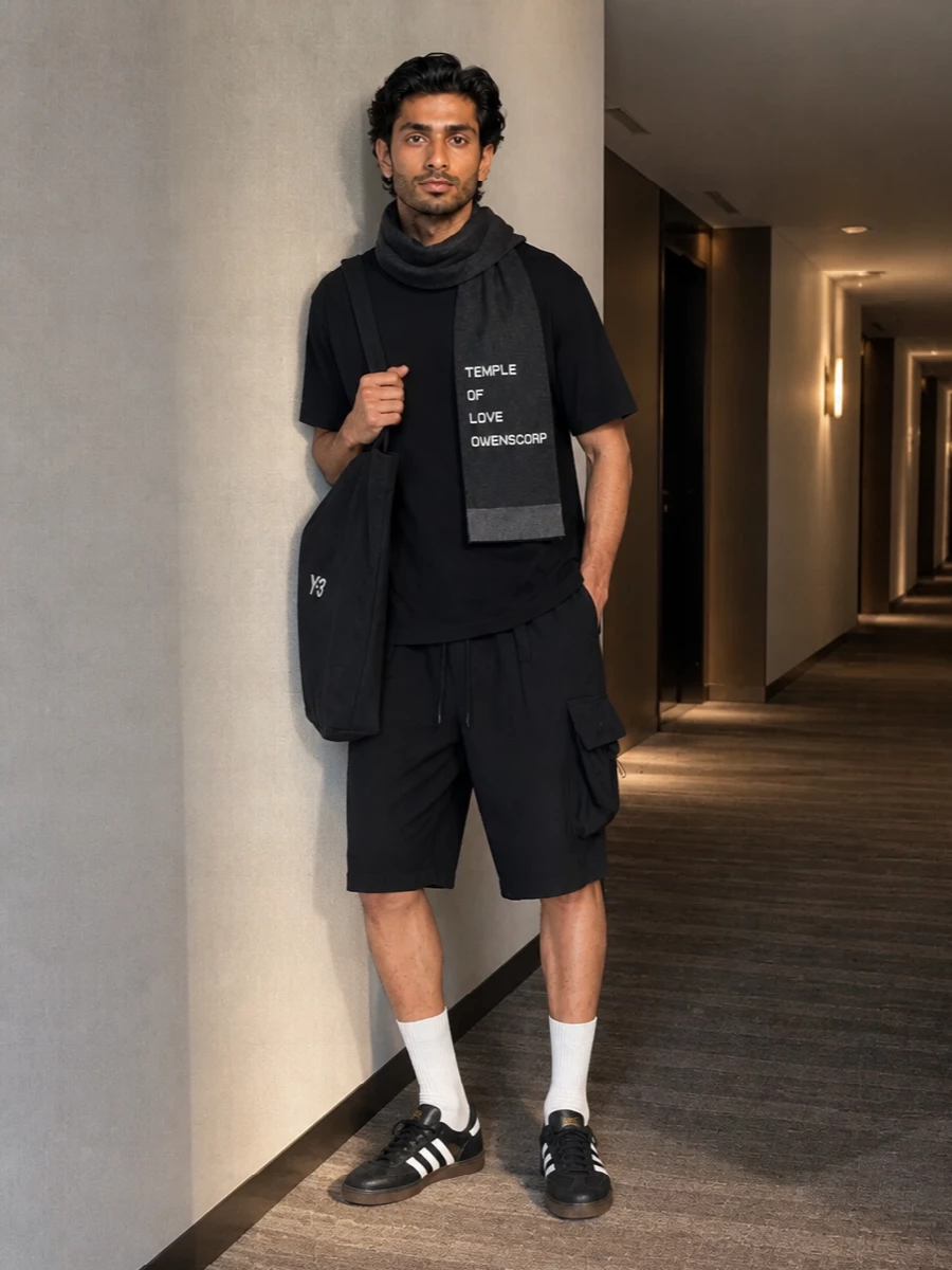 A jet-black Y-3 base meets longline technical shorts for an easy, relaxed summer uniform that feels clean rather than casual. Terrace-inspired Adidas sneakers add a quiet hit of contrast, while the roomy Y-3 tote and graphic scarf keep the whole thing city-ready and monochrome. The result is understated sport style with just enough edge in the details to feel considered from morning errands to late-night walks home.