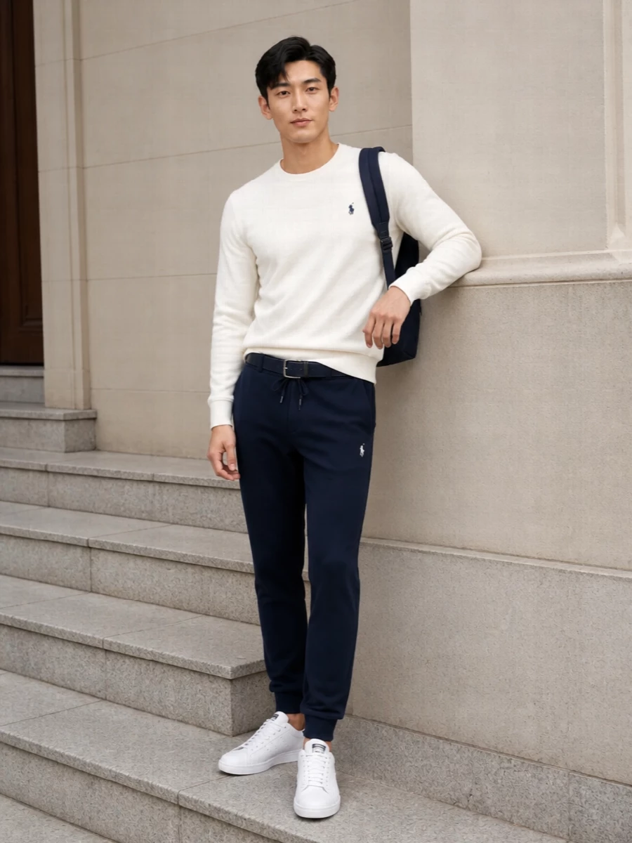 Ralph lauren navy joggers white sweatshirt outfit