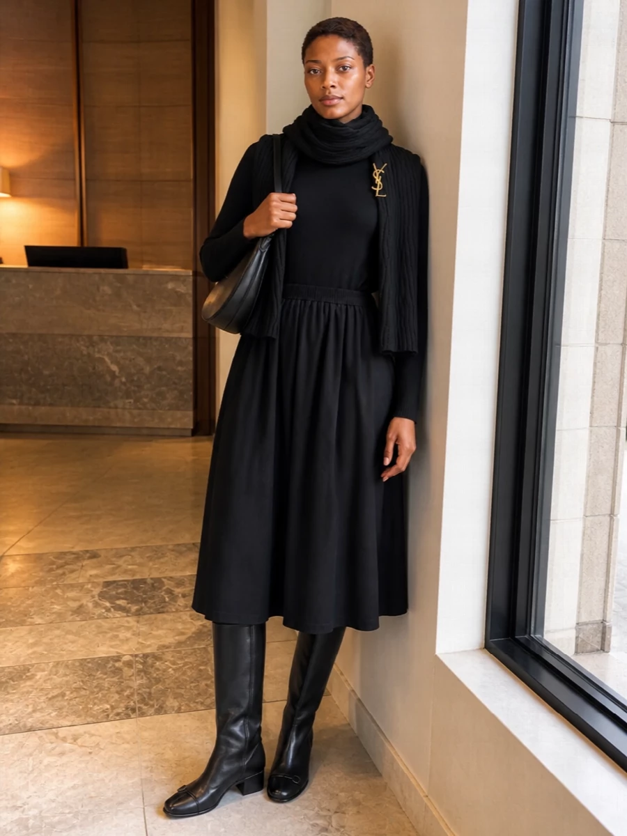 Ralph lauren black knit dress knee boots outfit