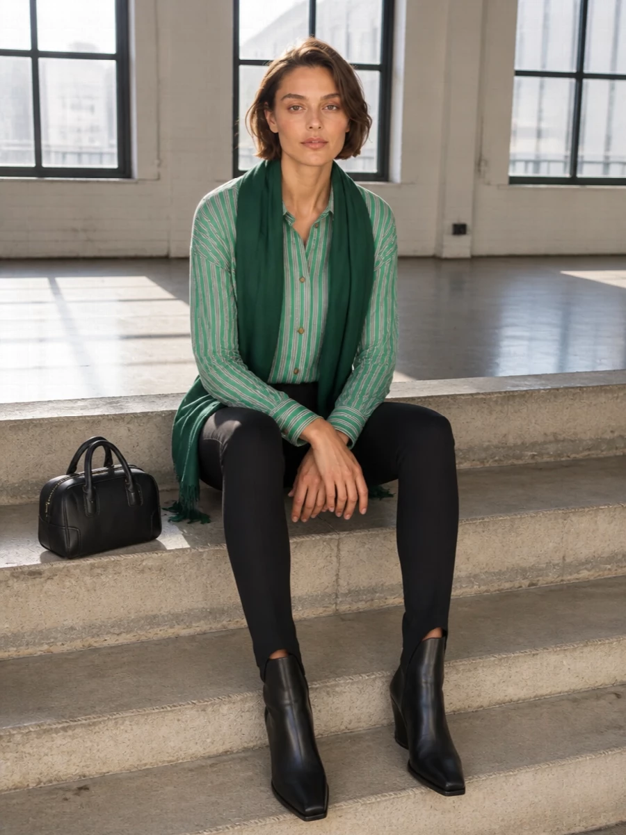 Loewe striped shirt black stirrup pants outfit