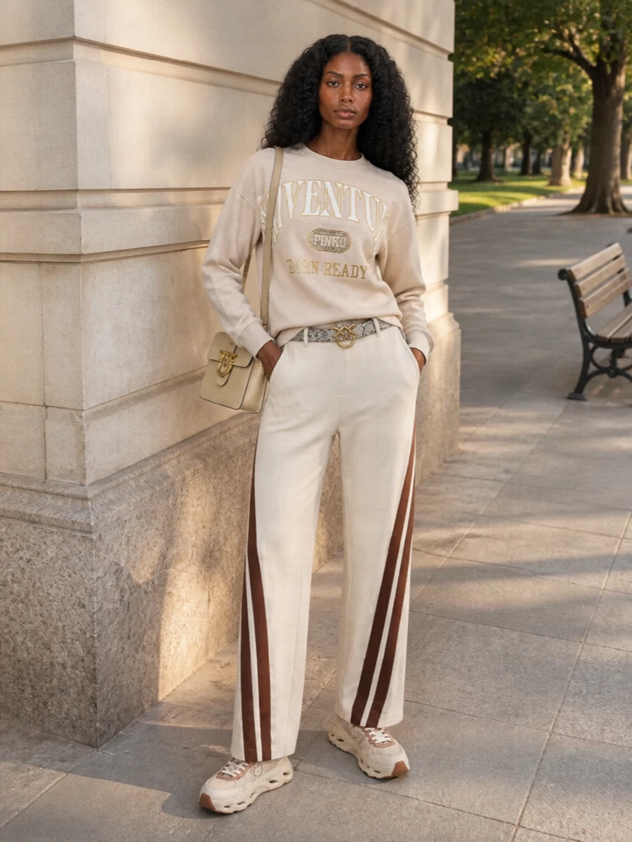 Pinko beige sweatshirt cream track pants outfit