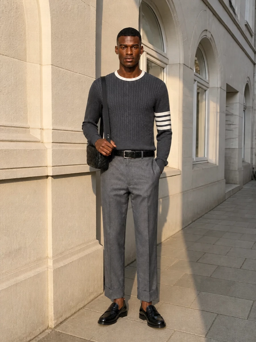 Thom browne charcoal crew cropped trousers outfit