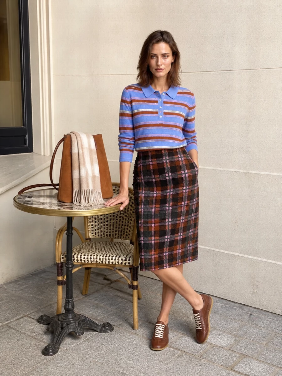 A striped cashmere polo meets a heritage plaid skirt for a fresh, collegiate mix that still feels grown up. Warm rust, buttercream and periwinkle sit against charcoal to keep the pattern play calm. Soft brown leather sneakers and a camel suede tote keep it grounded for city days and casual office moments.