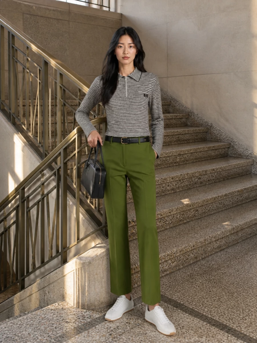 A striped Miu Miu polo meets sharp olive tailoring for a low-key preppy city mix that still reads considered. Slim retro-inflected sneakers keep it casual from desk to weekend, while a structured black shoulder bag and neat belt sharpen the finish just enough. The result is relaxed, graphic and quietly polished in a cool, muted palette.