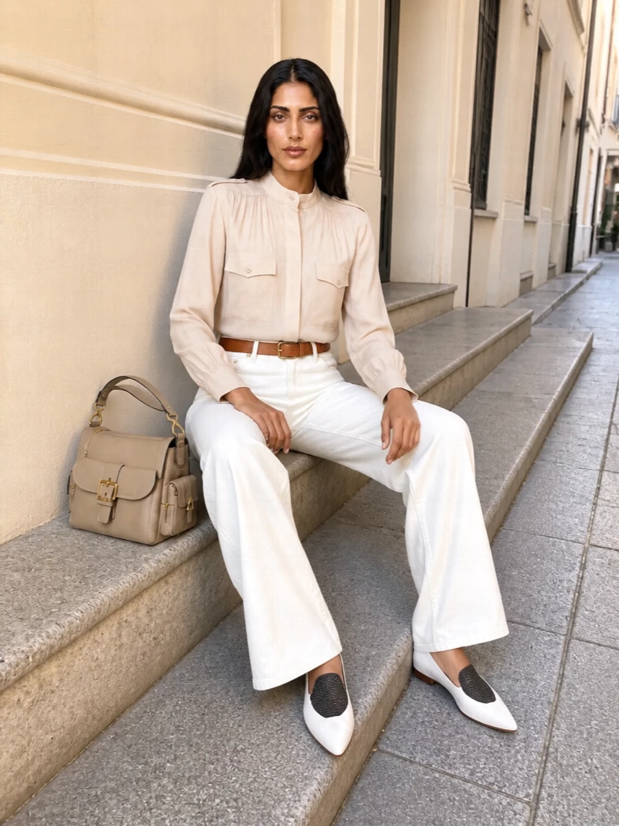 Chloe beige shirt ivory wide leg trousers outfit