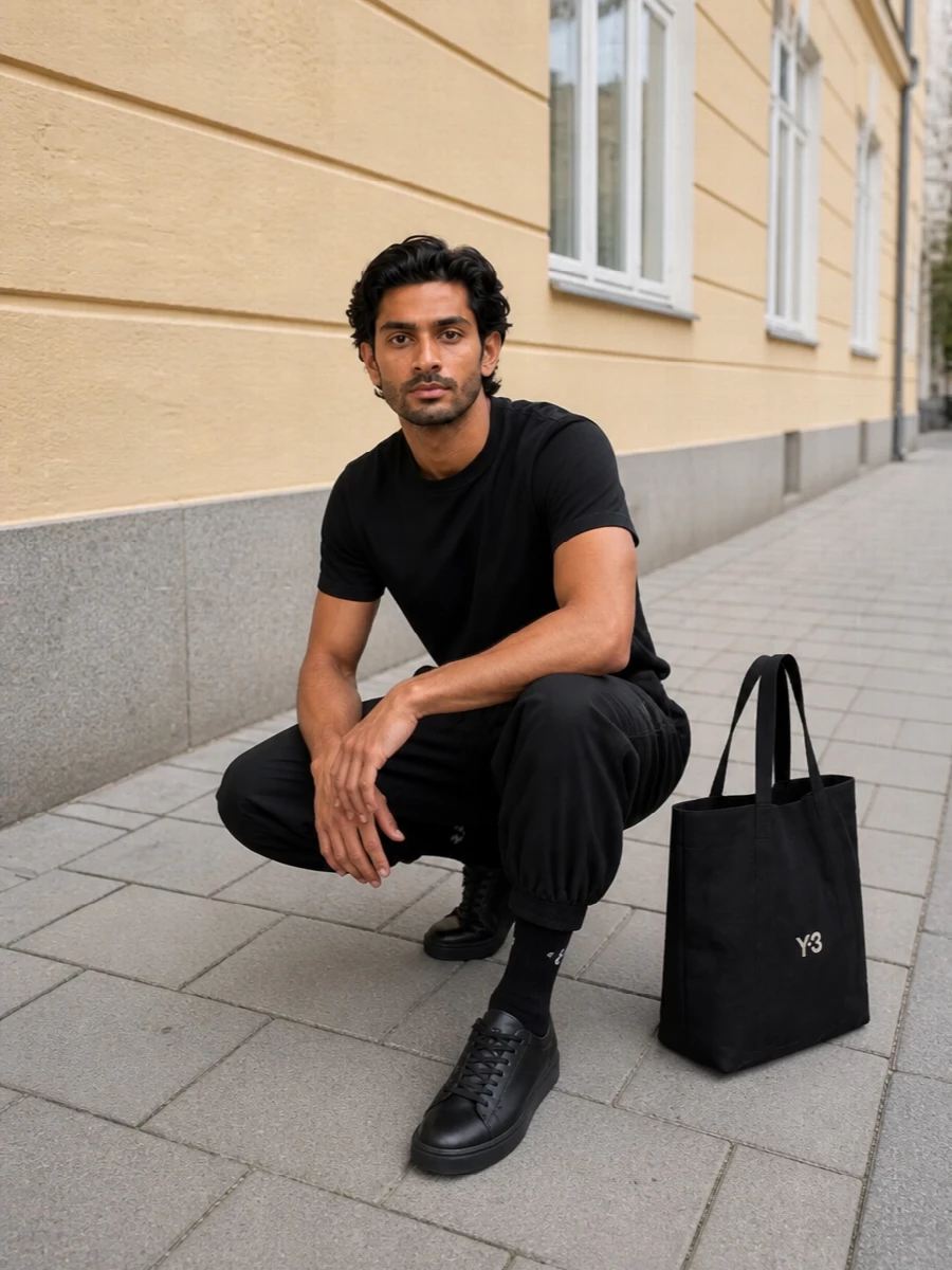 Y3 black tshirt cropped track pants outfit