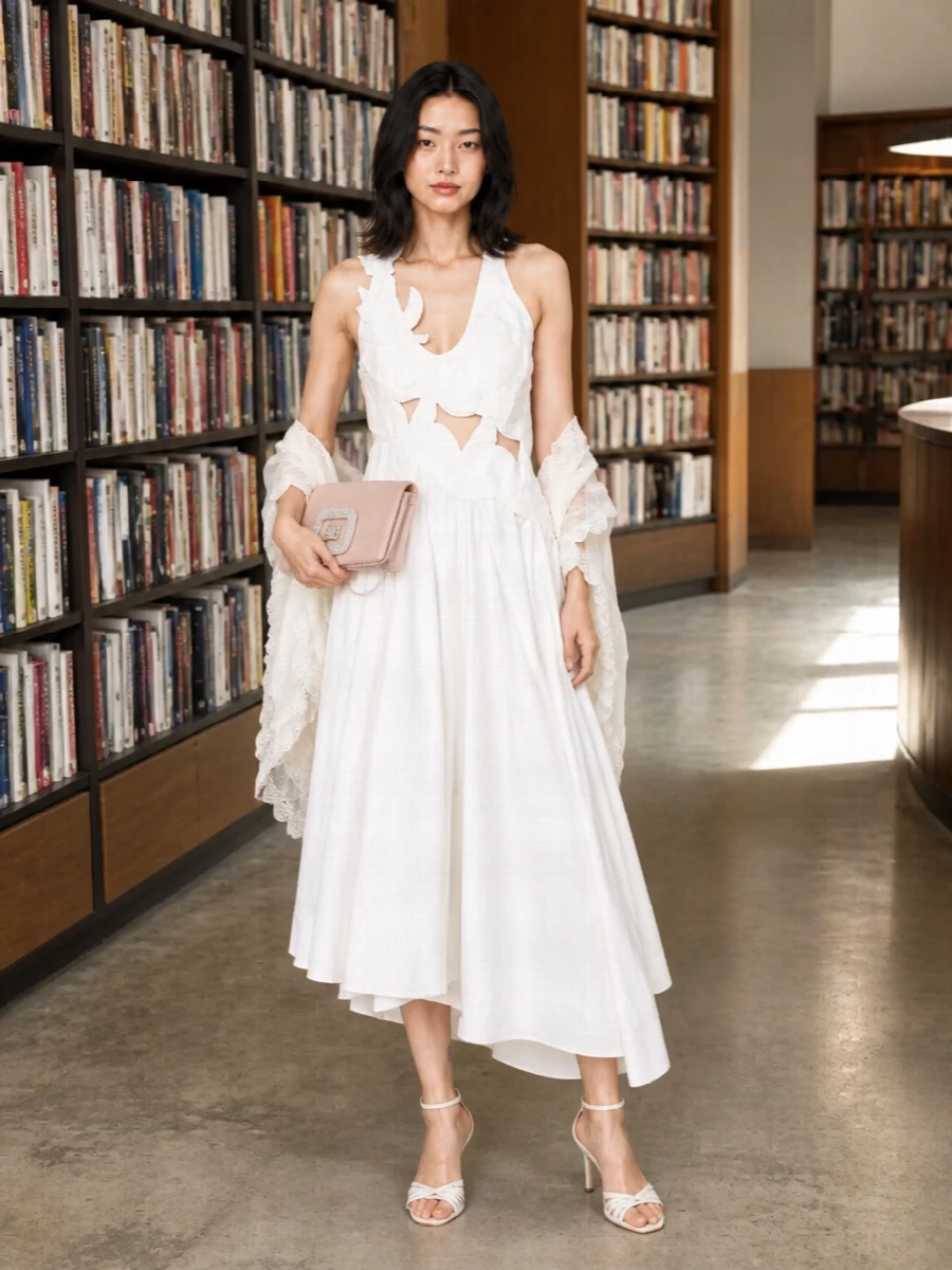 An all-white foundation keeps the focus on the dress’s sculptural cut, with barely-there Aquazzura straps elongating the leg rather than adding weight. A powdered-blush crystal clutch introduces the subtlest wash of color and shine, so the palette stays soft and romantic while still feeling special-event ready. The lace-edged stole is there for candlelit terraces and late breezes, adding just a whisper of extra texture around the shoulders.
