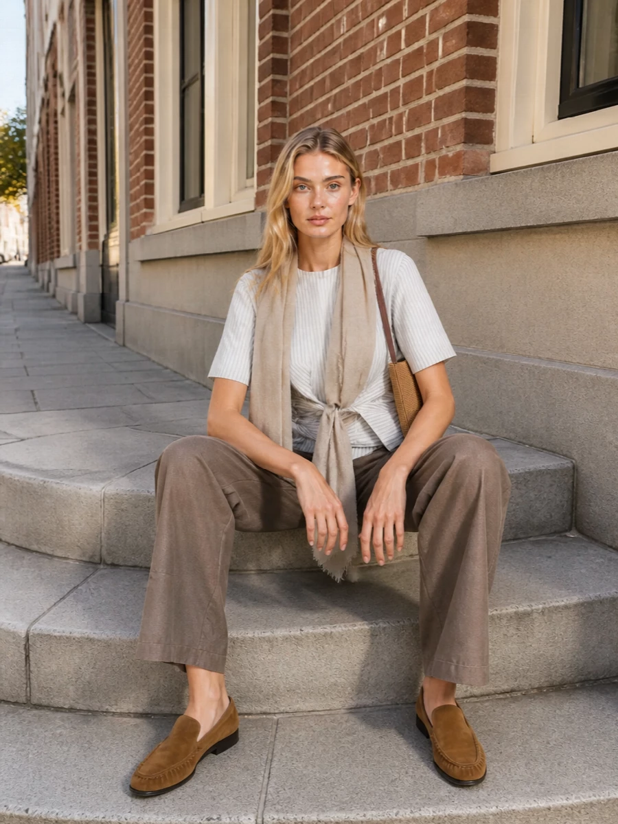 Rohe striped wrap blouse taupe trouser outfit