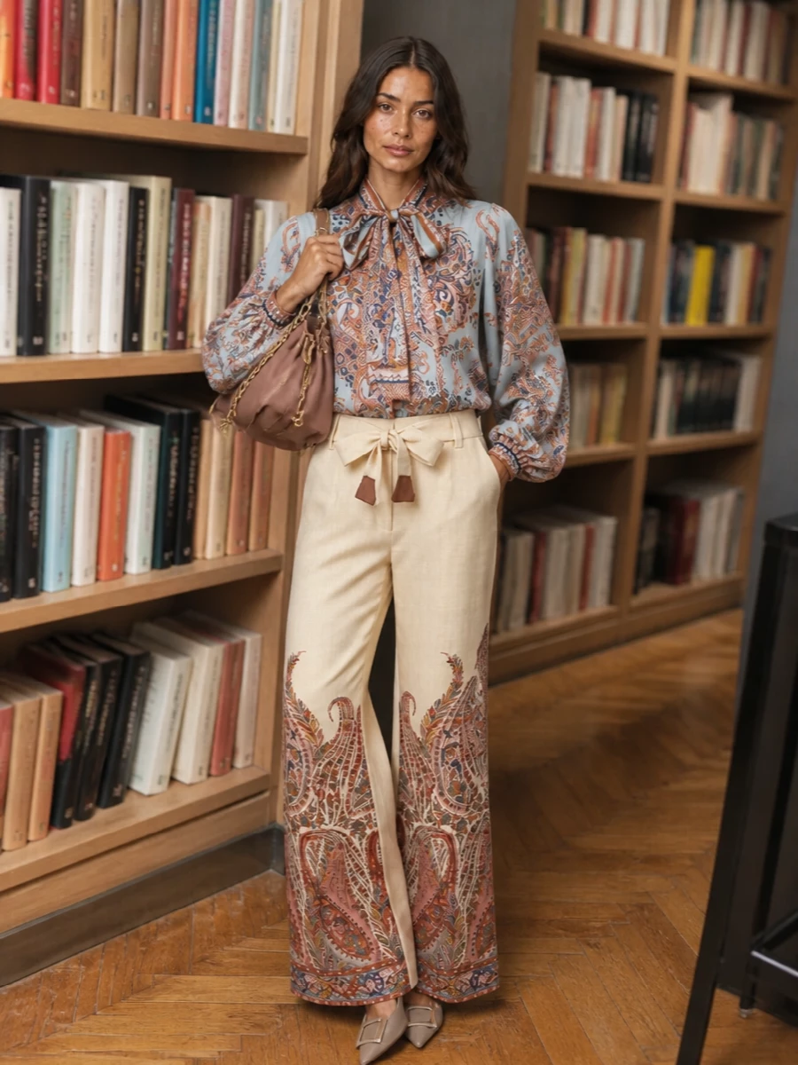 Zimmermann scarf blouse paisley flared trousers