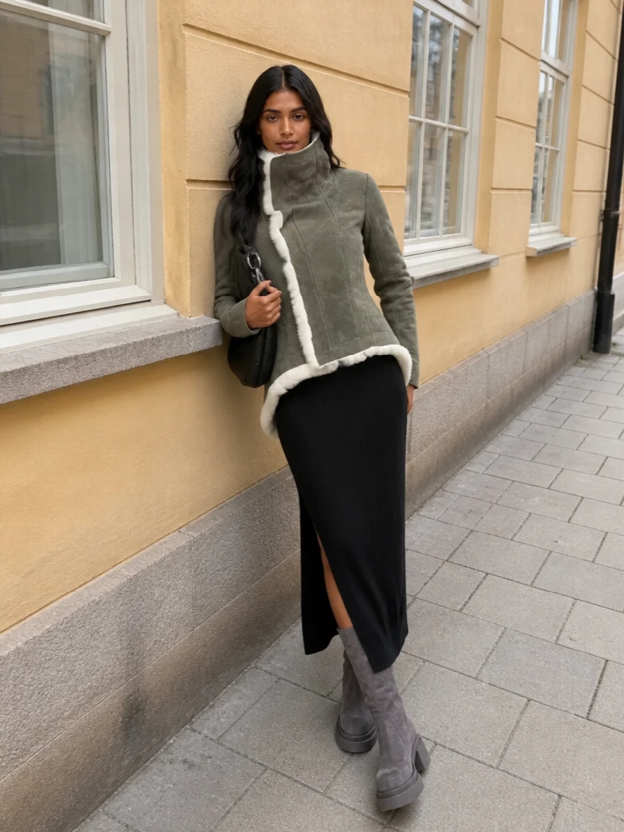 Rick owens shearling coat black turtleneck dress
