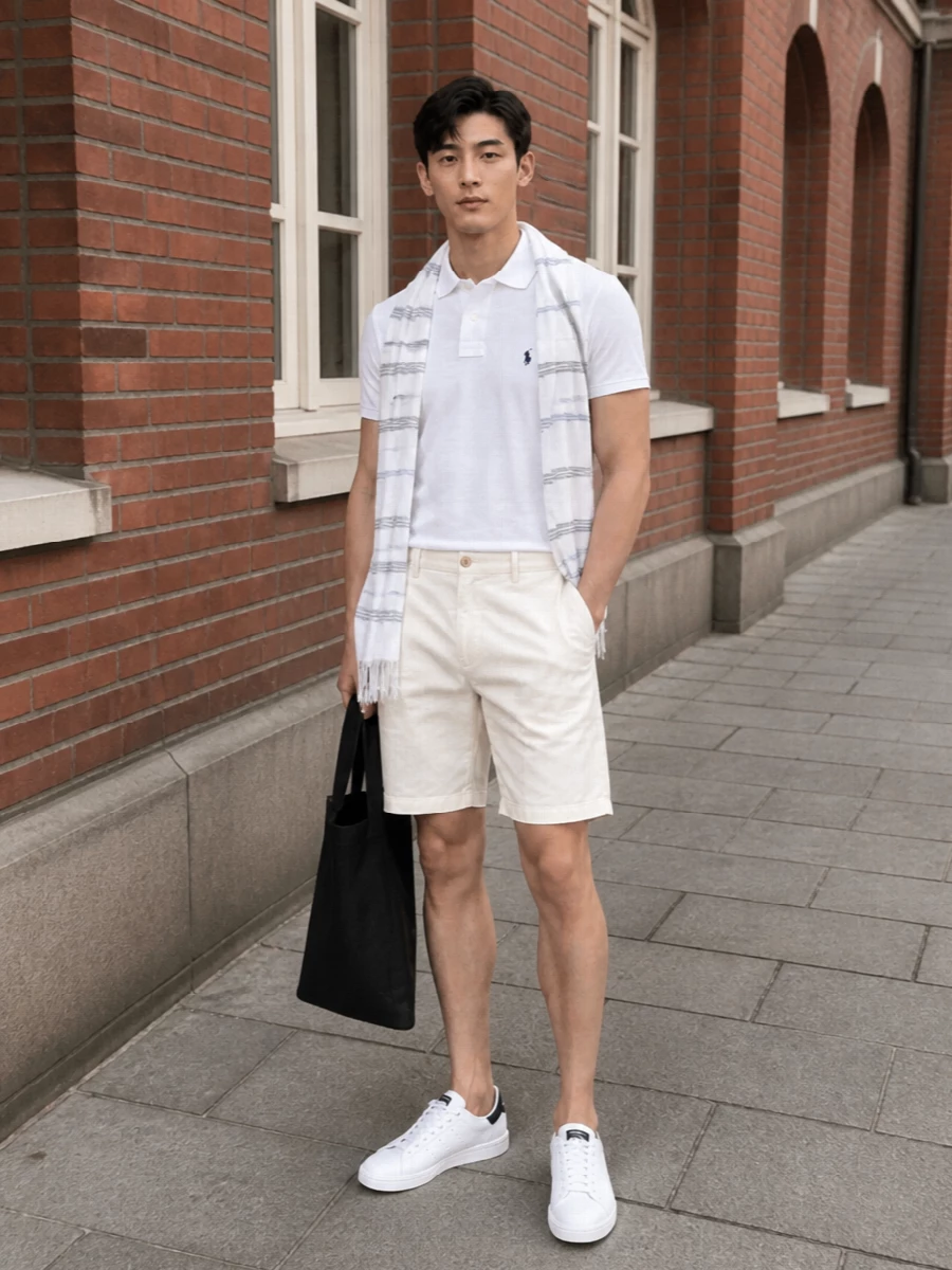 A crisp white Ralph Lauren polo sits over soft ivory chino shorts for a neat, sun‑ready preppy base. White and navy court sneakers keep the energy clean and athletic, while a charcoal tote and fine striped scarf add just enough contrast to feel considered without fussy styling. The result is relaxed but still ready for terraces, town walks and impromptu lunches in the shade.
