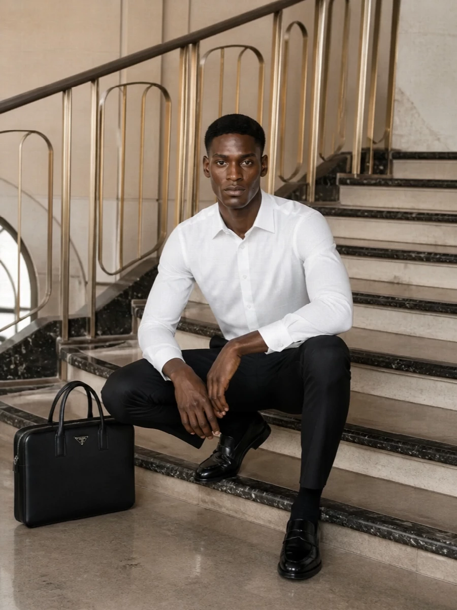 Brioni’s white shirt sits against charcoal tailored trousers for a composed, high-contrast palette that feels decisive without being severe. Black penny loafers and a slim Prada briefcase keep the line business-clean, while the Burberry belt crisps the waist so the whole outfit reads deliberate and quietly powerful from desk to late dinner.