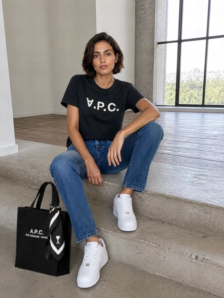 Charcoal logo, mid-wash denim and bright white sneakers create a clean, graphic uniform that still feels easy for every day. The straight leg keeps the proportions relaxed, while the structured tote and small scarf bring just enough intention to the mix.