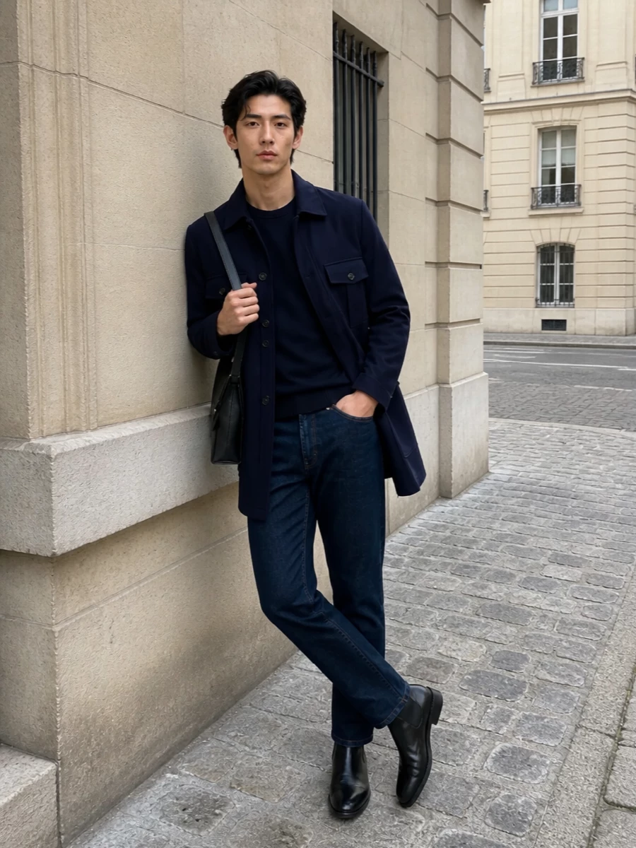 Jacob cohen navy coat dark jeans chelsea boots