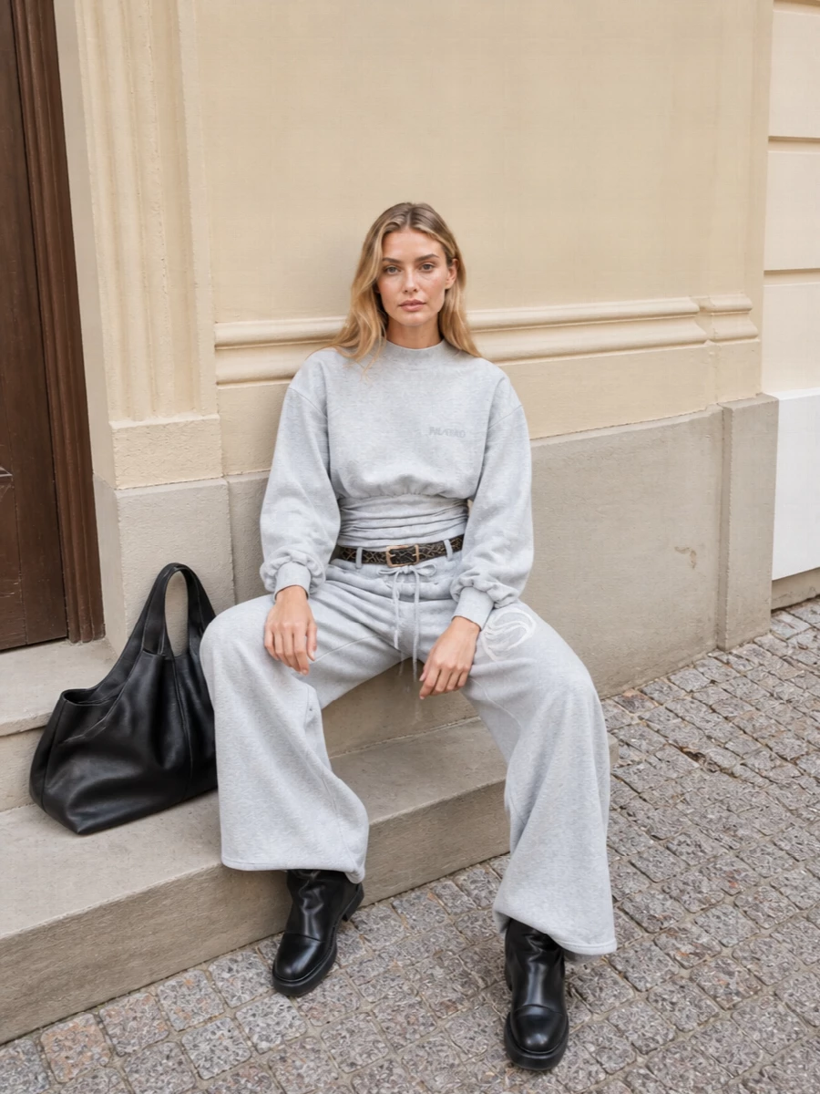 The attico grey sweatshirt wide leg sweatpants outfit