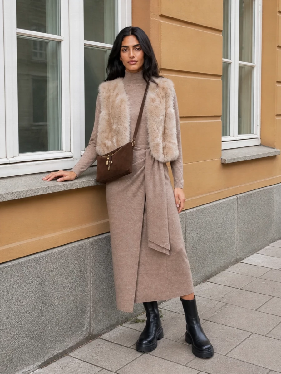 I styled the faux-fur gilet over the taupe Max Mara wrap knit dress to keep the story tonal, tactile and quietly polished for cold-city days. The black chunky-sole boots and chocolate suede cross-body introduce a darker grounding note, so the softness reads intentional rather than saccharine. Skipping separates in favor of a single knit column keeps the silhouette clean and lets the gilet remain the focal texture.