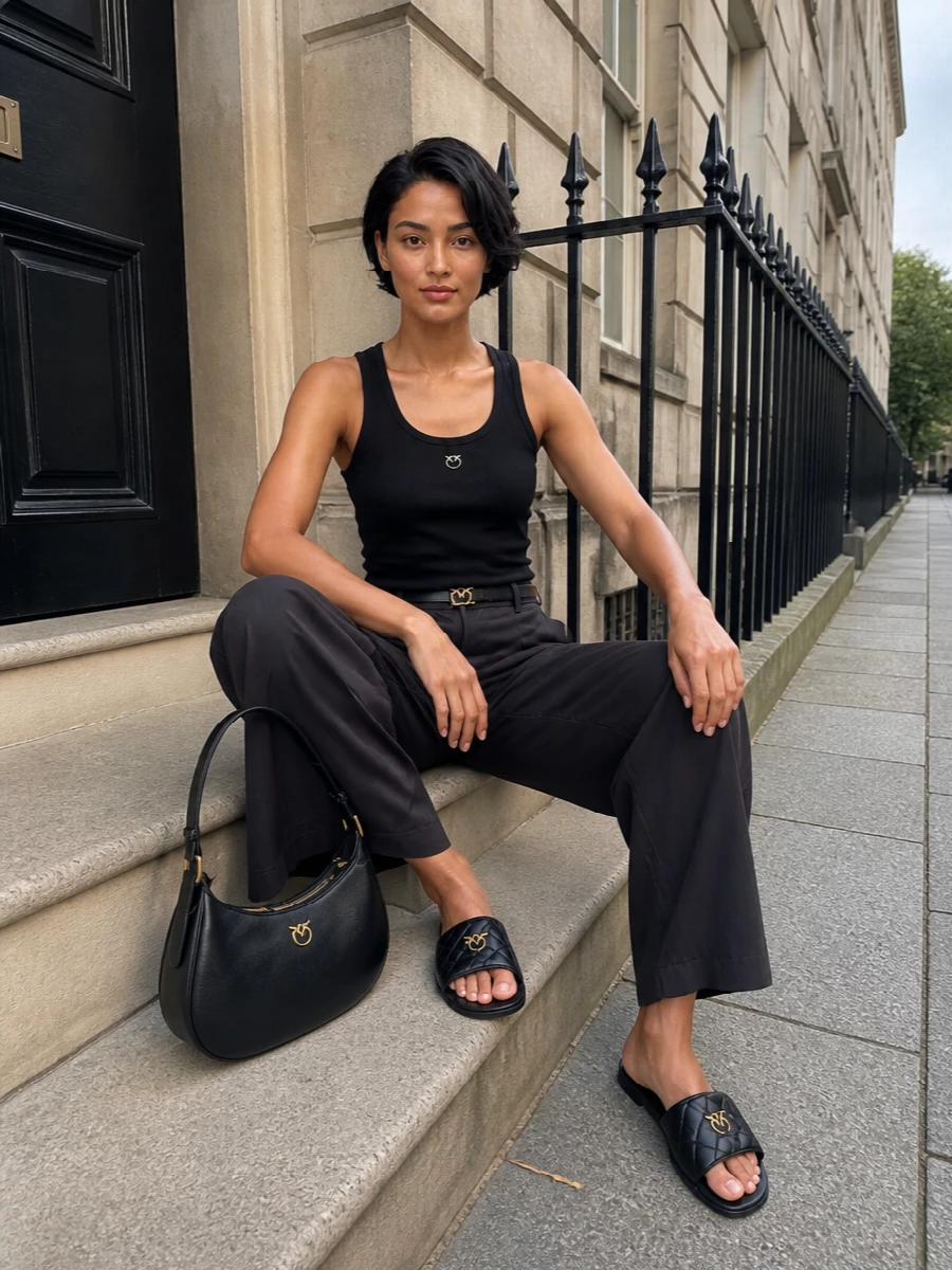 Pinko black ribbed tank wide leg cargo trousers