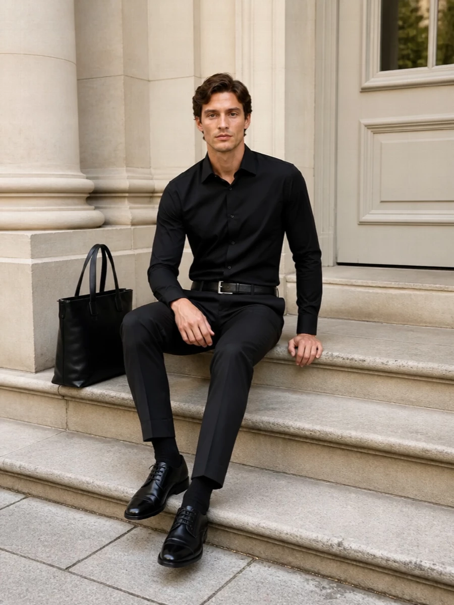 Charcoal tailored trousers and a jet-black shirt create a precise, monochrome line that reads assured yet unfussy. The pointed black derbies and structured leather tote keep everything sharp and boardroom-ready, while the discreet Prada belt adds a final note of disciplined polish. It is a quietly powerful city uniform that moves easily from long meetings to dinner reservations.