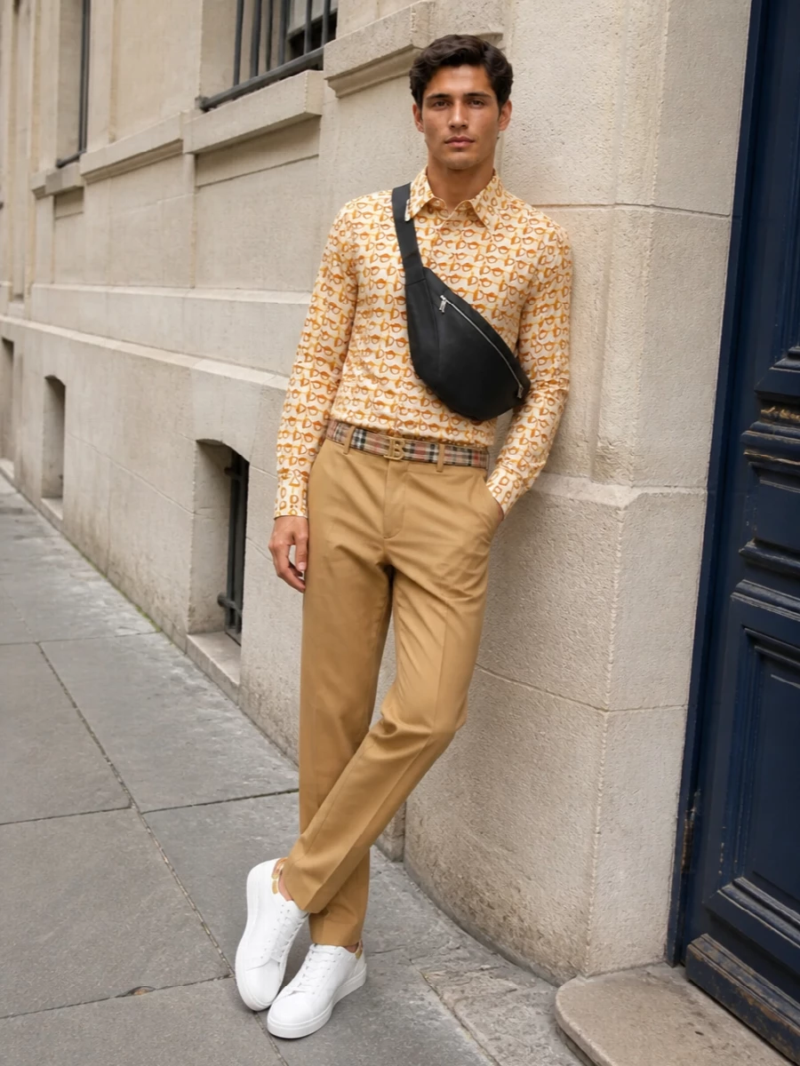 Burberry printed shirt camel trousers outfit