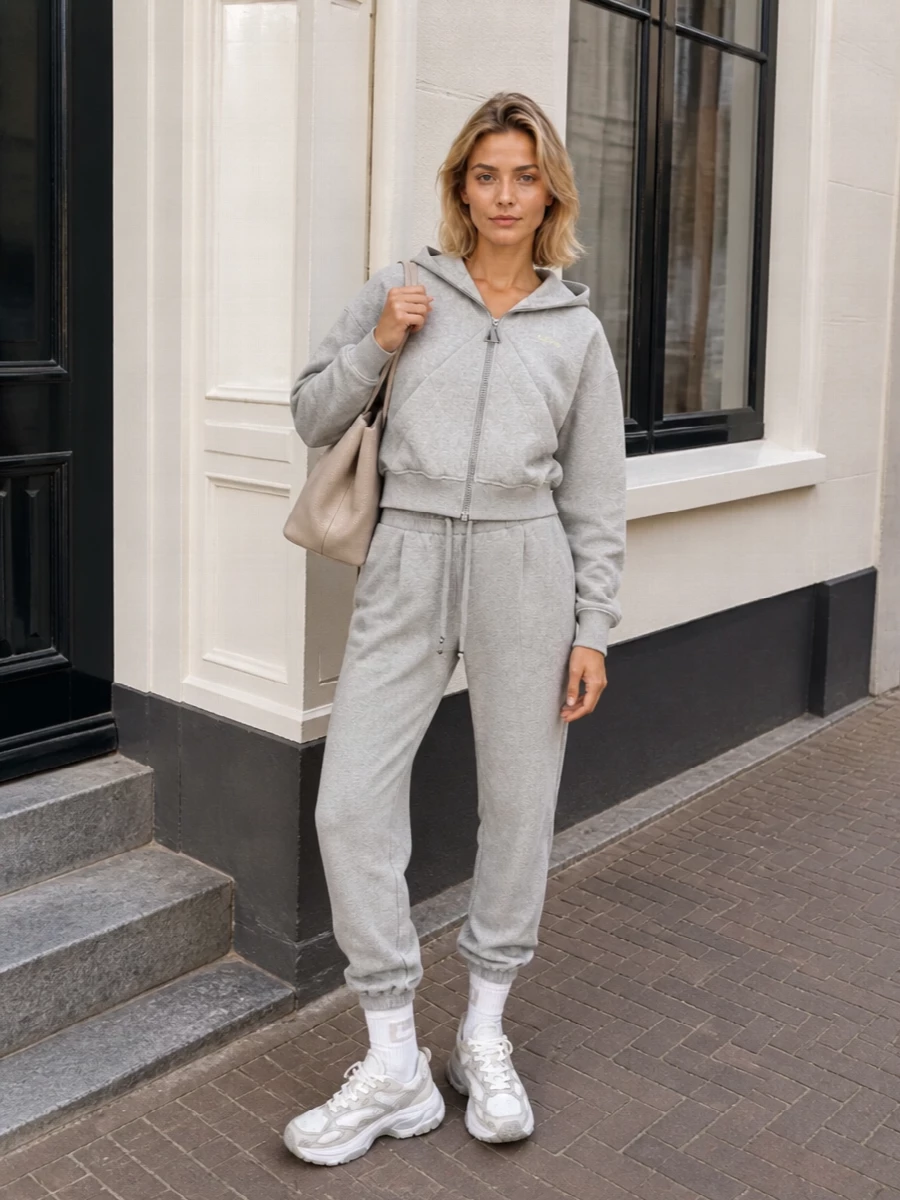 Attico grey joggers hoodie sneakers outfit