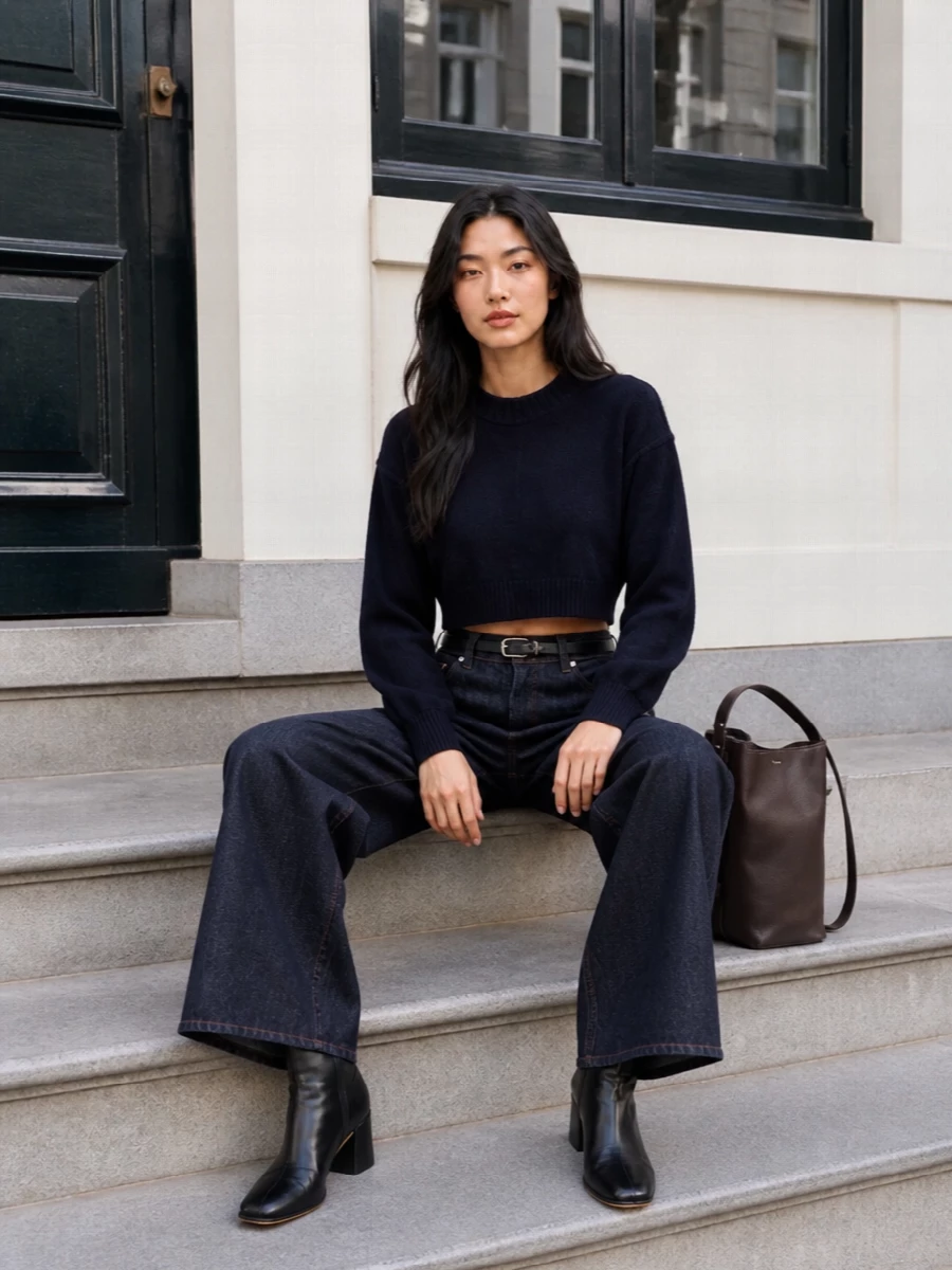 Max mara wide leg jeans navy knit ankle boots
