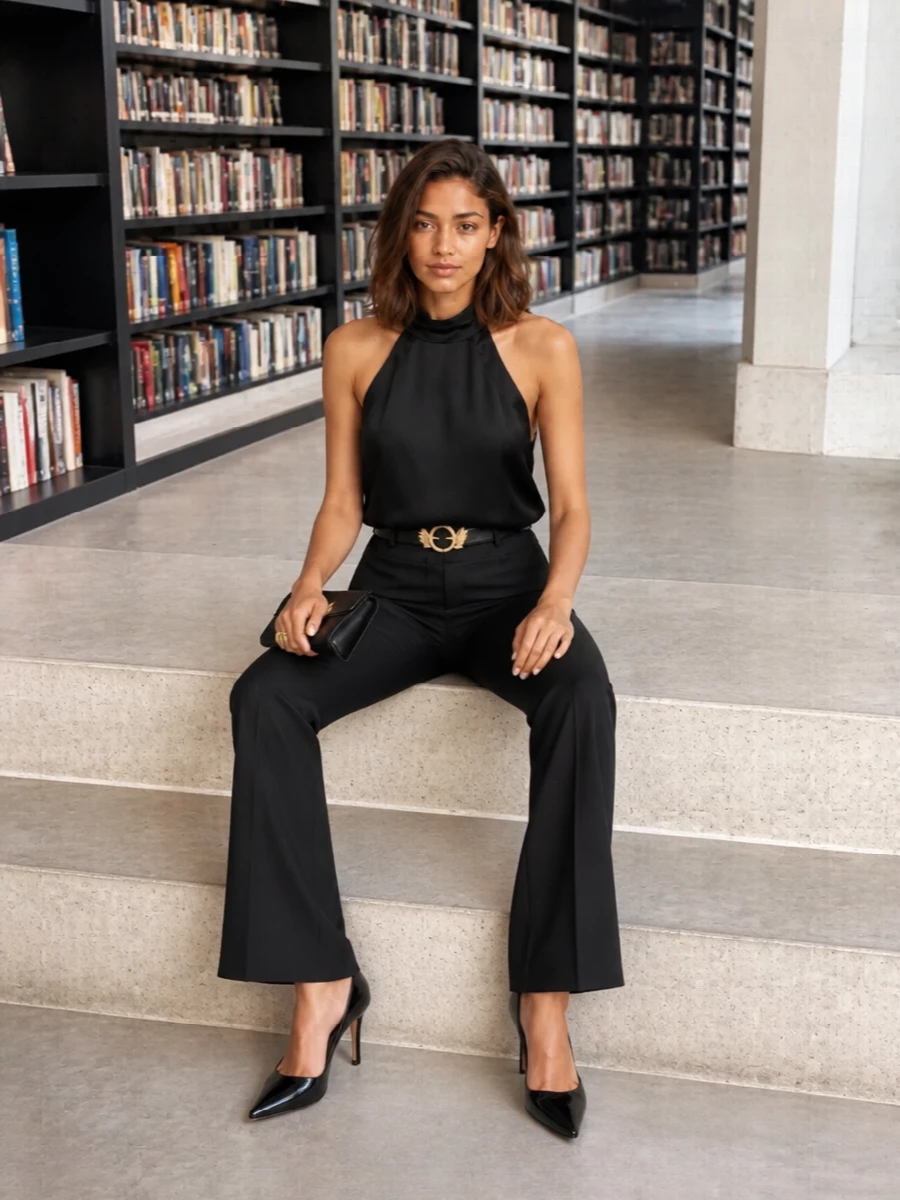 Pinko satin halter black flared trousers outfit