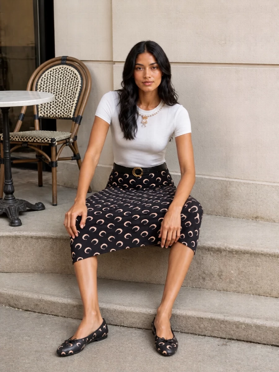 Marine Serre’s trompe-l’œil tee meets the signature crescent midi skirt for a clean, body-conscious silhouette that leans into a cohesive lunar story. Moon-print ballerinas and the matching baguette keep everything graphic yet wearable, while the slim belt quietly cinches the waist and echoes the gold at the neckline. The result is a minimalist, street-led Marine Serre set that feels curated rather than head-to-toe logo.