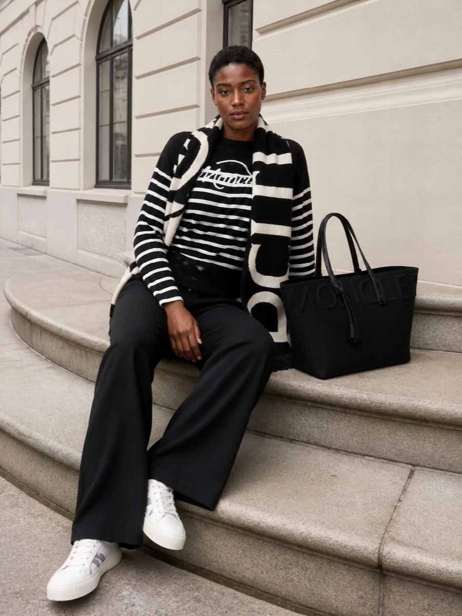 Moncler striped sweater black wide leg outfit