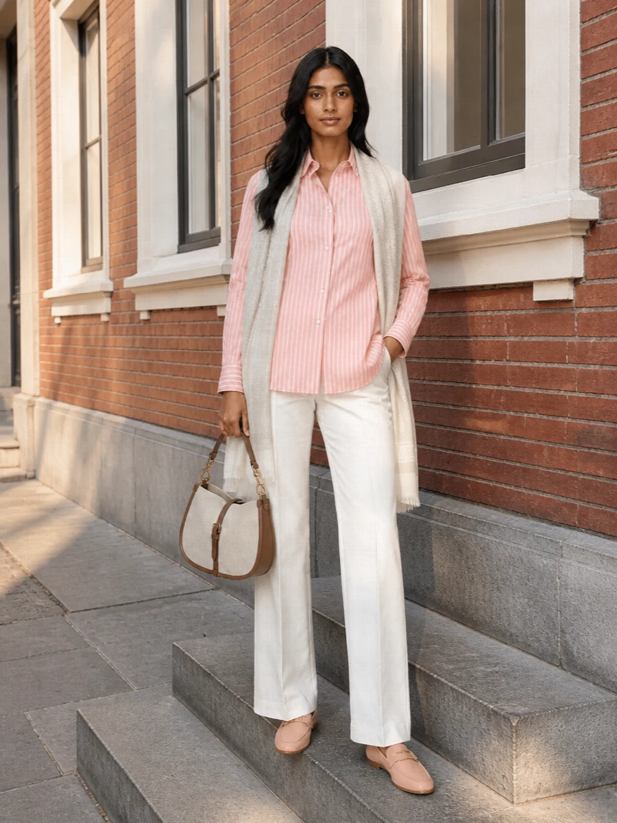 Etro striped pink shirt ivory wide leg trousers