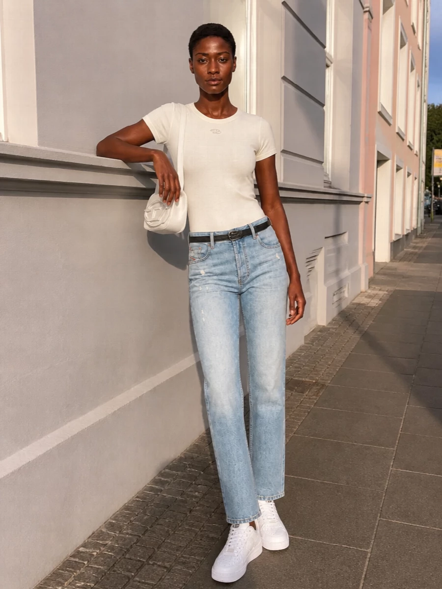 Diesel jeans ivory tee white nike sneakers