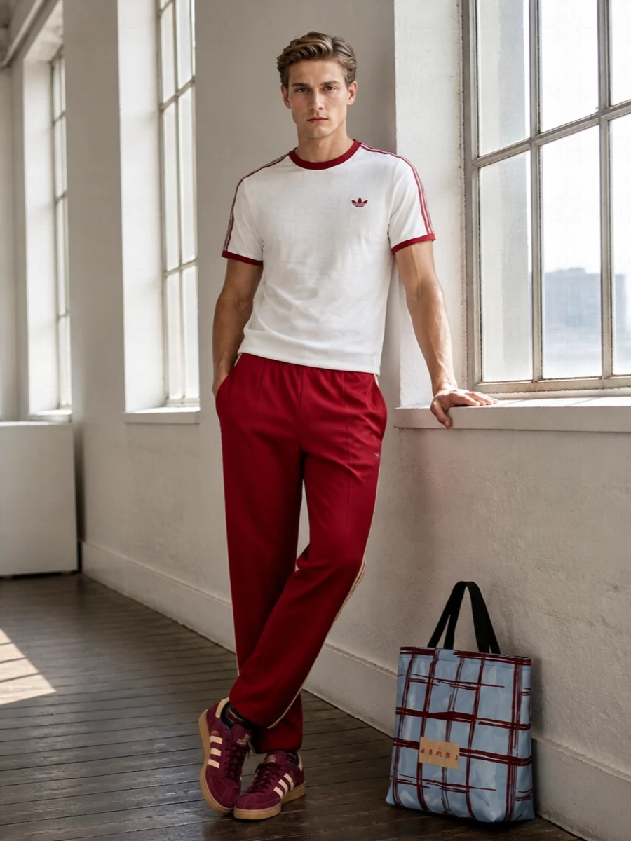 Adidas burgundy track pants spezial sneakers outfit