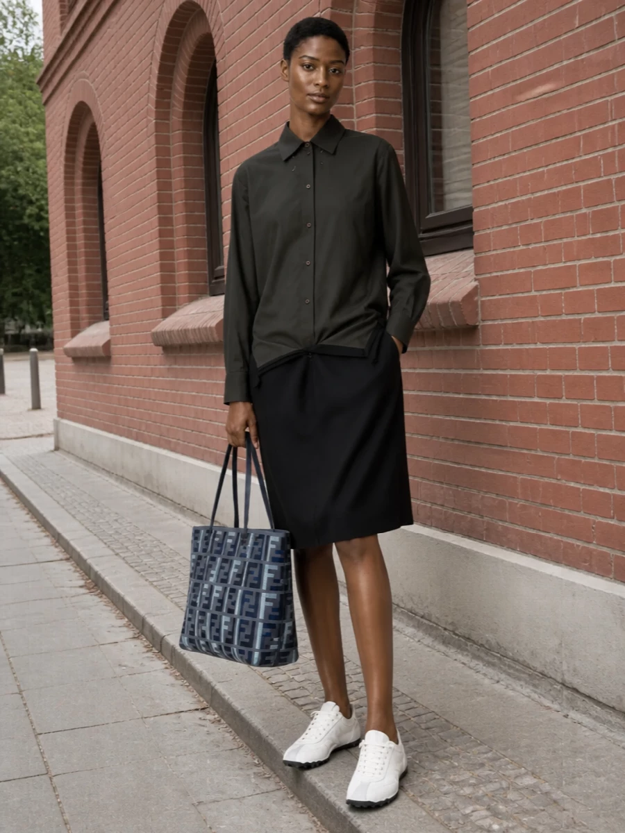 This pairing leans into a Margiela-centric, quiet-luxury mood, with the deep olive and black shirt dress echoing the Fendi tote’s inky sophistication without competing with its monogram. The off-white retro runners keep it grounded and easy for city wear, softening the sharp lines while staying firmly in a refined, modern register. Choosing the dress route rather than separates keeps the silhouette clean and columnar, letting the bag be the defining graphic statement.