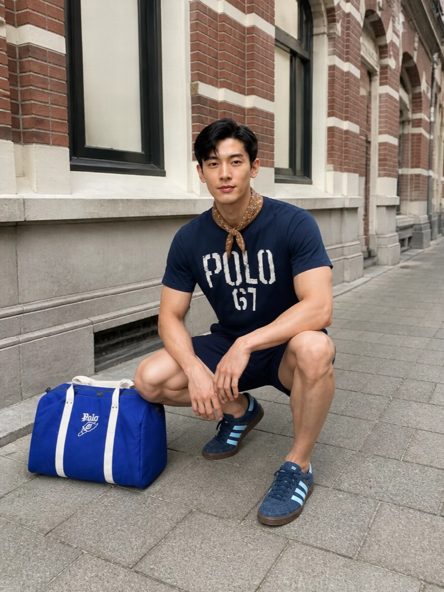 Head-to-toe Polo prep with a stadium twist, this outfit leans into navy and cream for a clean, collegiate feel. The straight-cut deck shorts and retro Adidas sneakers keep the proportions easy and athletic, perfect for city walks or travel days. The camel bandana adds a small hit of warmth and character without crowding the bold chest graphic.