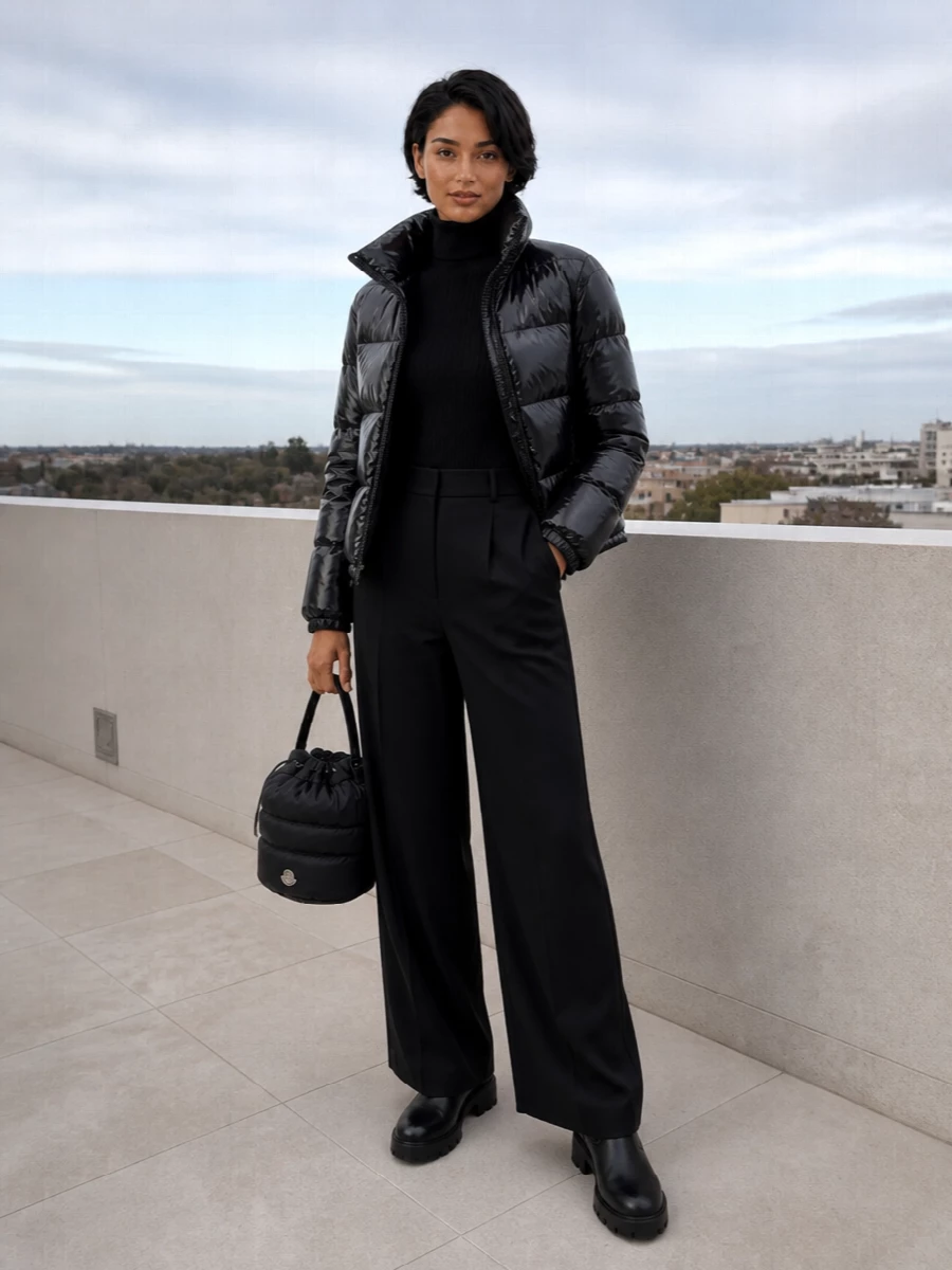 Herno puffer black wide leg trousers outfit