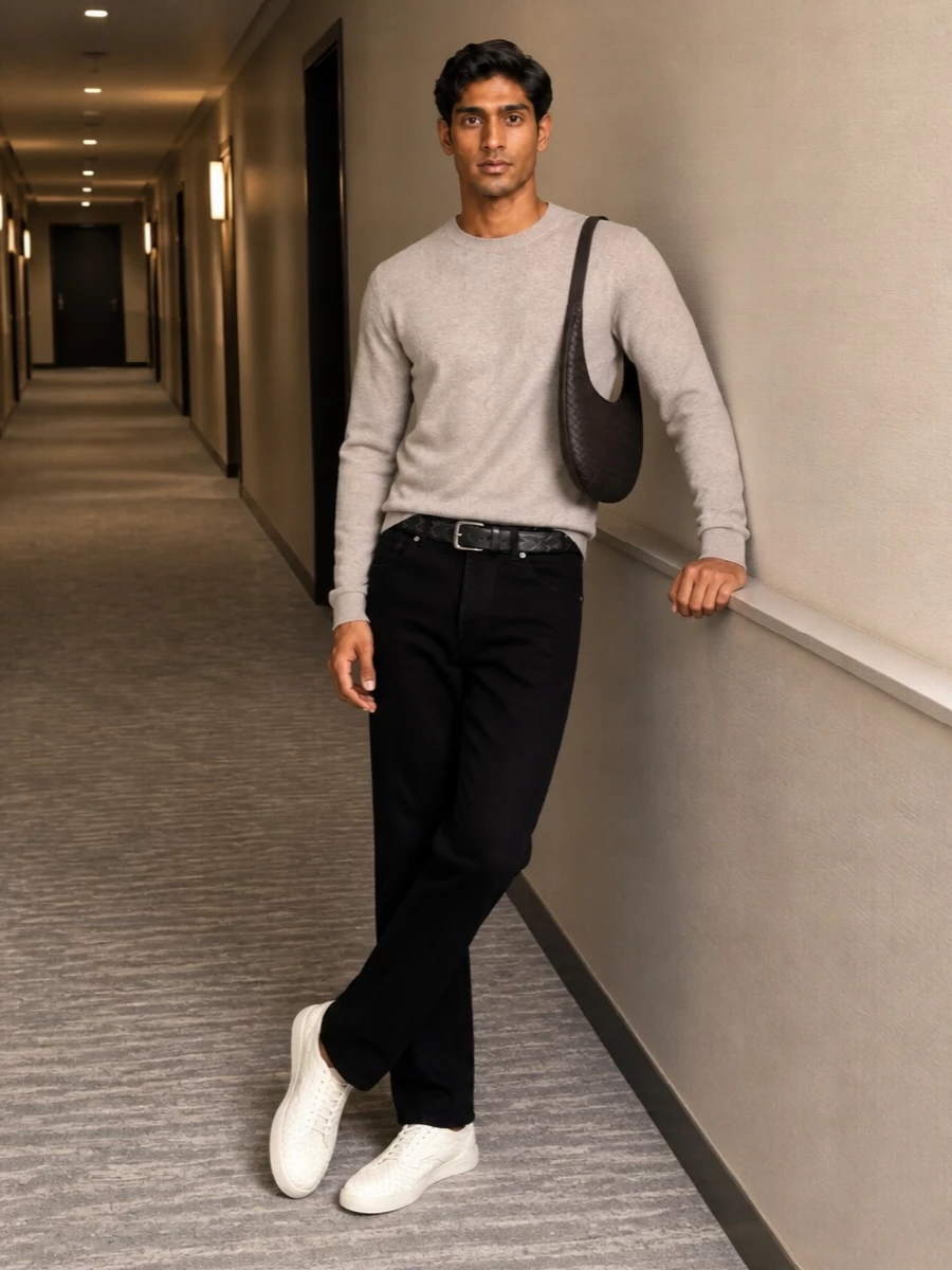 Bottega veneta beige sweater black trousers outfit