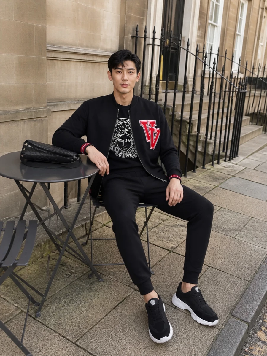 Versace varsity bomber black medusa knit outfit